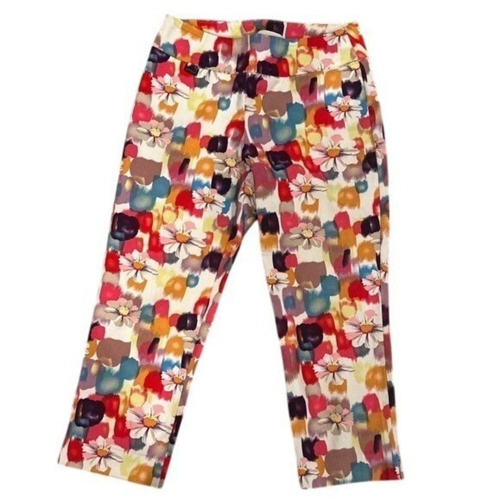 Floral Print Cropped Pants Colorful Abstract Brushstroke Design Casual